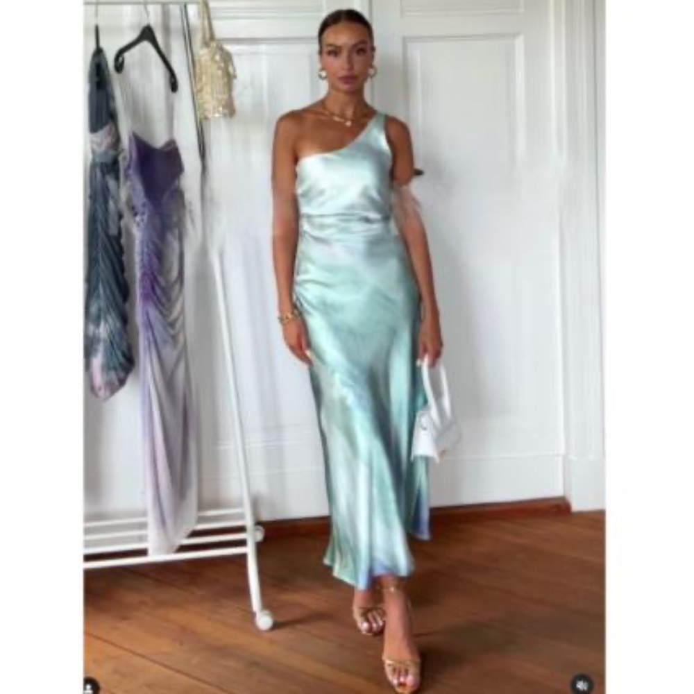 Zara Mint Green Satin One-Shoulder Midi Dress